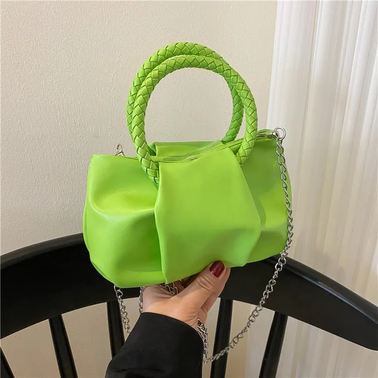 Portable cloud underarm pleated tote chain crossbody bag in small horizontal square PU leather design