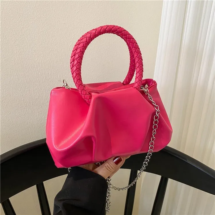 Portable cloud underarm pleated tote chain crossbody bag in small horizontal square PU leather design