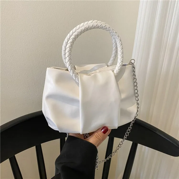 Portable cloud underarm pleated tote chain crossbody bag in small horizontal square PU leather design