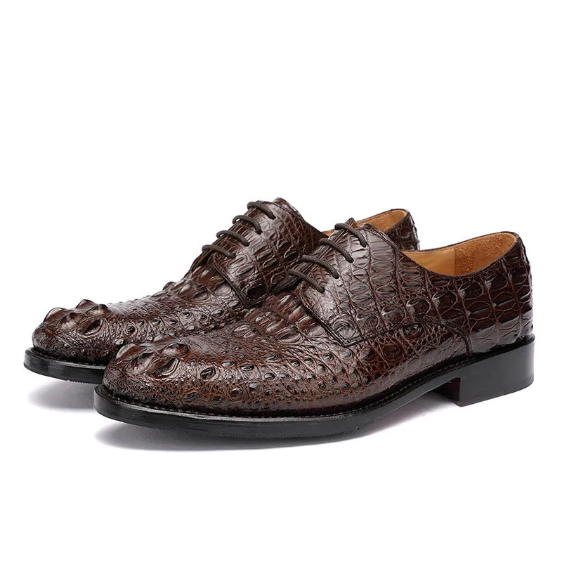 Handmade men's crocodile leather formal shoes in black, round toe, low-top, genuine leather sole
