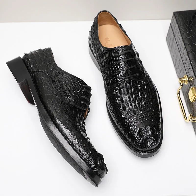 Handmade men's crocodile leather formal shoes in black, round toe, low-top, genuine leather sole