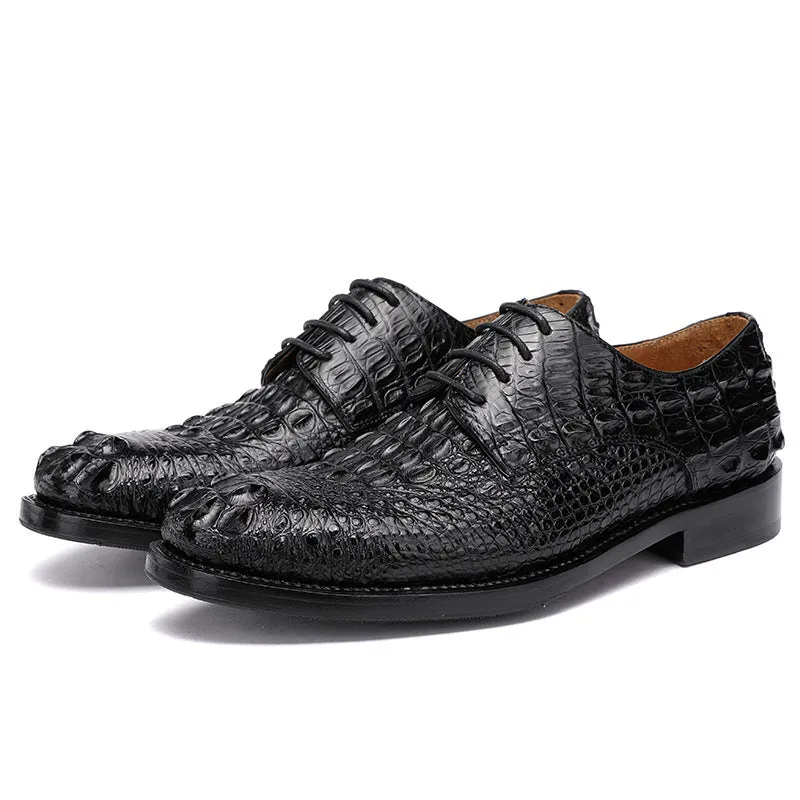 Handmade men's crocodile leather formal shoes in black, round toe, low-top, genuine leather sole