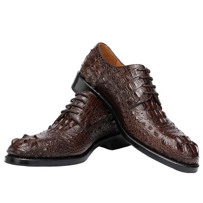 Handmade men's crocodile leather formal shoes in black, round toe, low-top, genuine leather sole