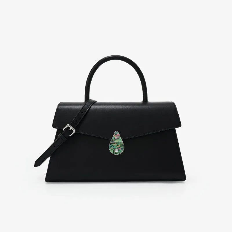 Women's large capacity top layer cowhide leather shoulder messenger bag with adjustable strap, black colour