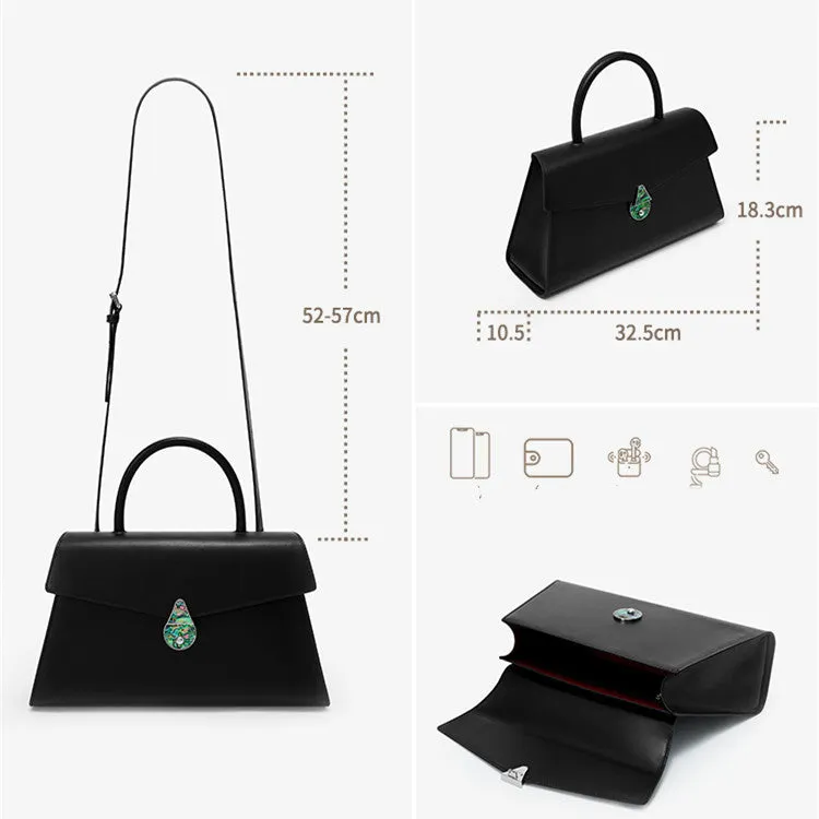 Women's large capacity top layer cowhide leather shoulder messenger bag with adjustable strap, black colour