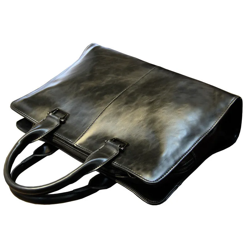 Men's leather-style business bag briefcase box shape zipper closure black coffee colour 38cm wide