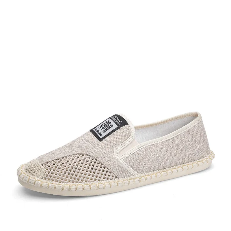 Men's microfiber leather fisherman shoes in beige with rubber sole and leather toe cap