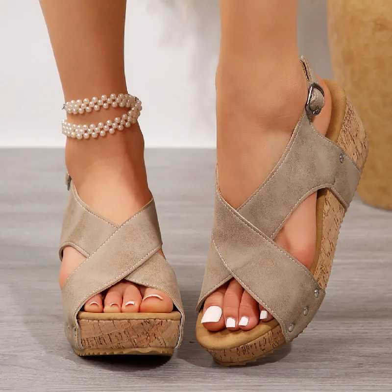Women's rivet wedge sandals with thick bottom TPR sole and fish mouth toe in beige colour