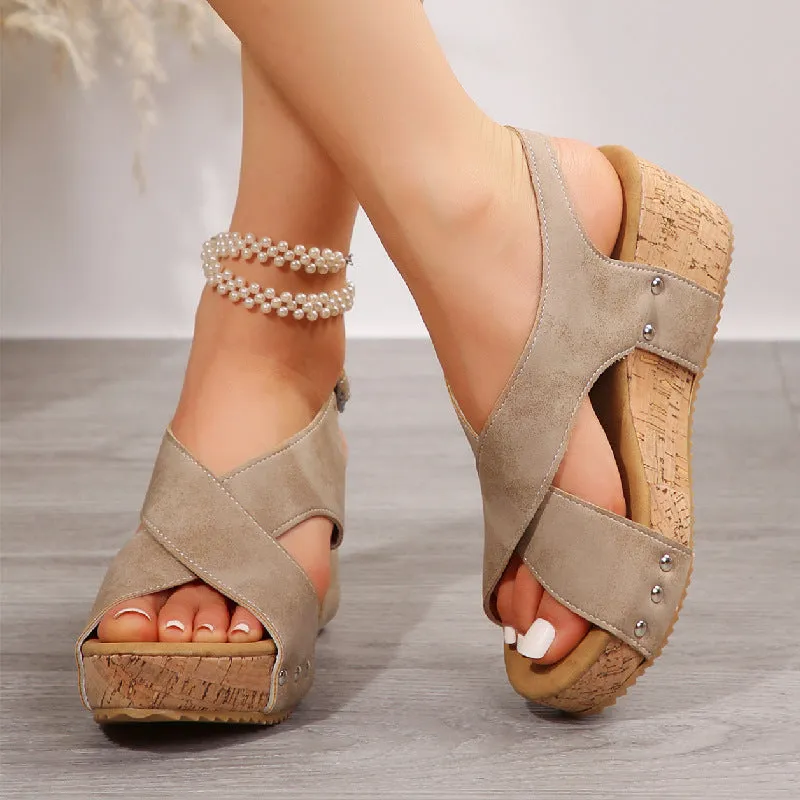 Women's rivet wedge sandals with thick bottom TPR sole and fish mouth toe in beige colour