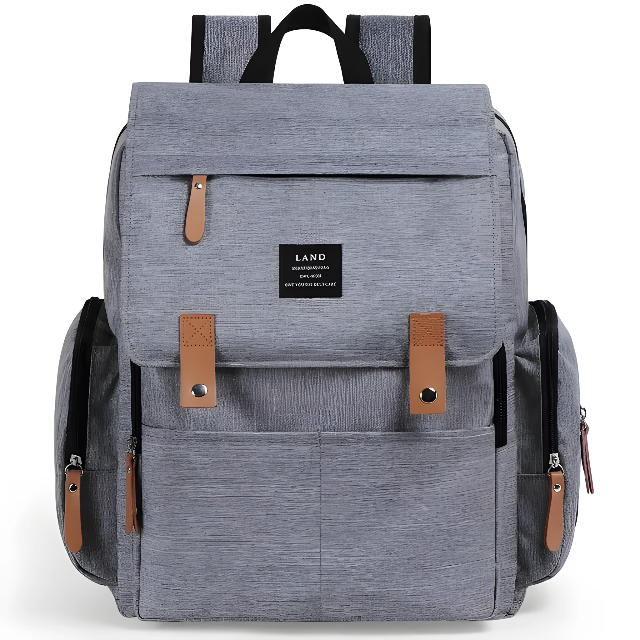 LAND Mommy large grey Oxford cloth diaper backpack with changing mat, shown on a table