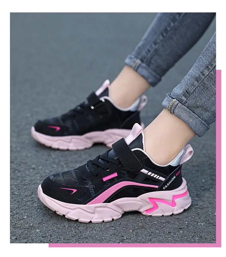 Waterproof leather girls casual sneaker with MD sole, pink leather surface and white letter pattern