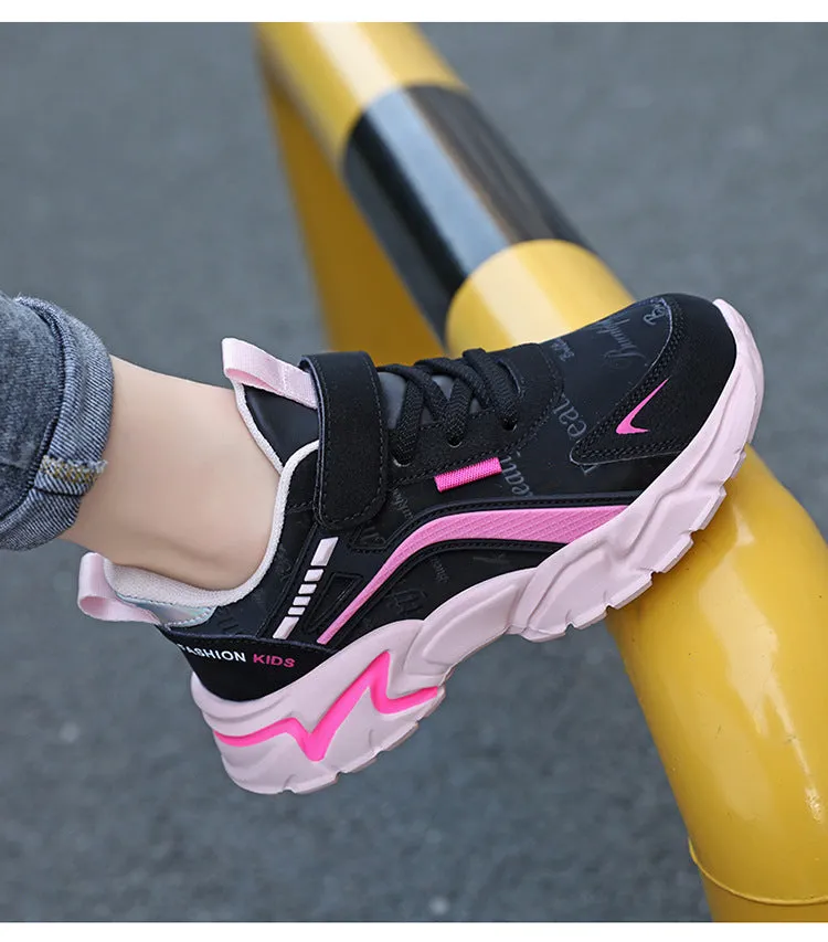 Waterproof leather girls casual sneaker with MD sole, pink leather surface and white letter pattern