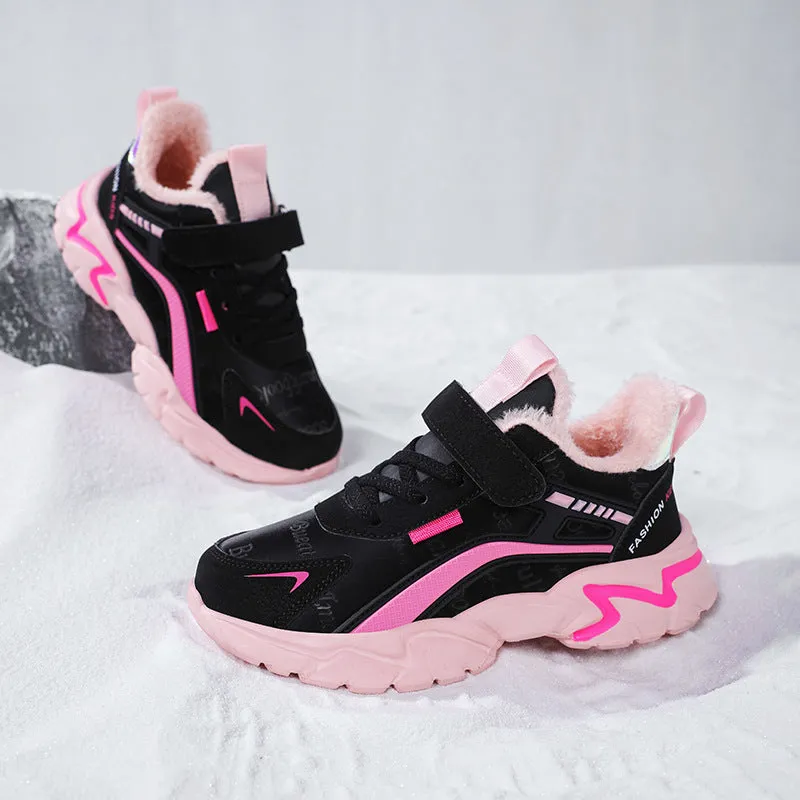 Waterproof leather girls casual sneaker with MD sole, pink leather surface and white letter pattern