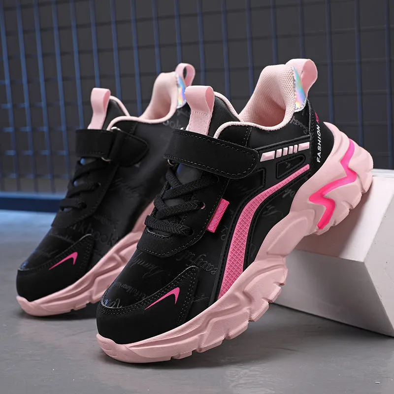 Waterproof leather girls casual sneaker with MD sole, pink leather surface and white letter pattern
