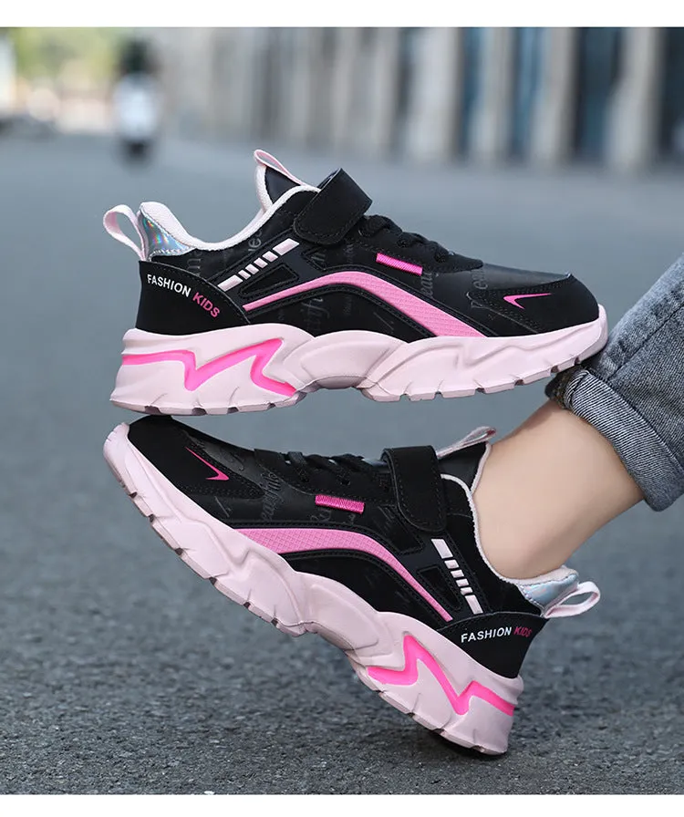 Waterproof leather girls casual sneaker with MD sole, pink leather surface and white letter pattern