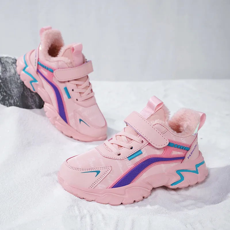 Waterproof leather girls casual sneaker with MD sole, pink leather surface and white letter pattern