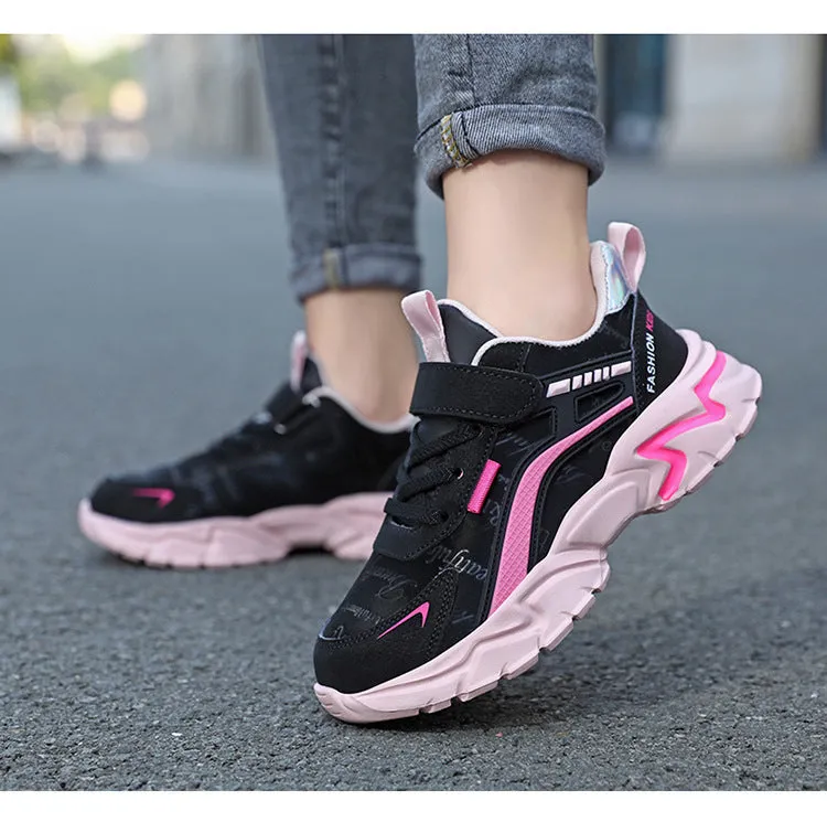 Waterproof leather girls casual sneaker with MD sole, pink leather surface and white letter pattern