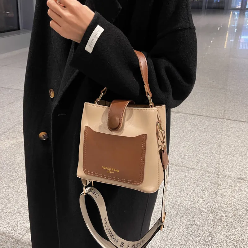 Women's PU leather crossbody bucket bag with stitching detail, urban simplicity style, available in khaki