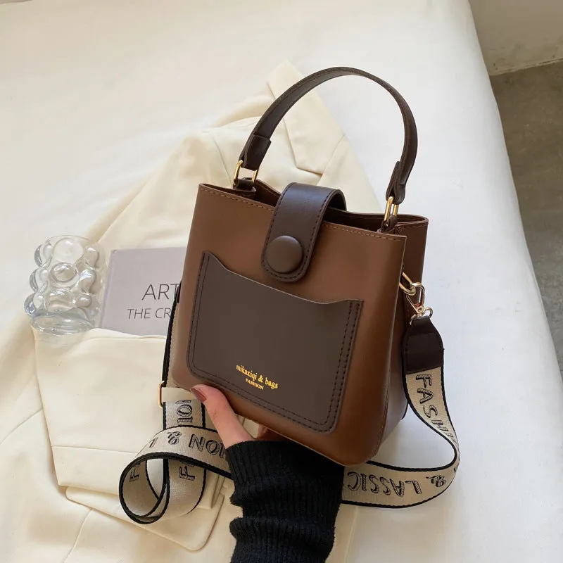 Women's PU leather crossbody bucket bag with stitching detail, urban simplicity style, available in khaki