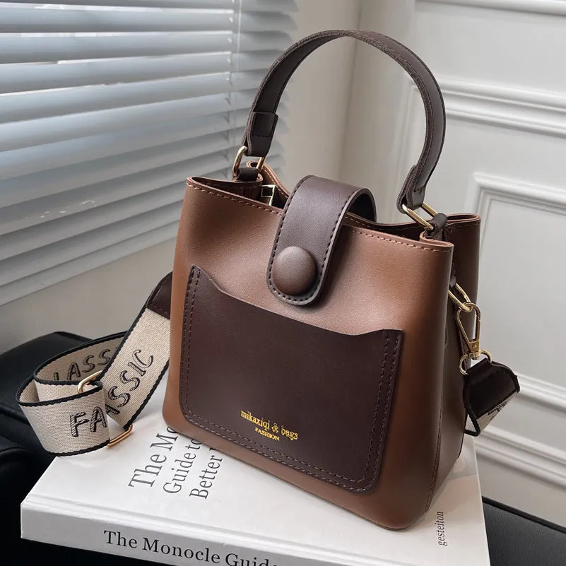 Women's PU leather crossbody bucket bag with stitching detail, urban simplicity style, available in khaki