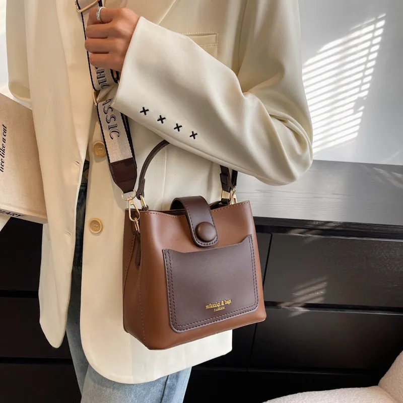 Women's PU leather crossbody bucket bag with stitching detail, urban simplicity style, available in khaki