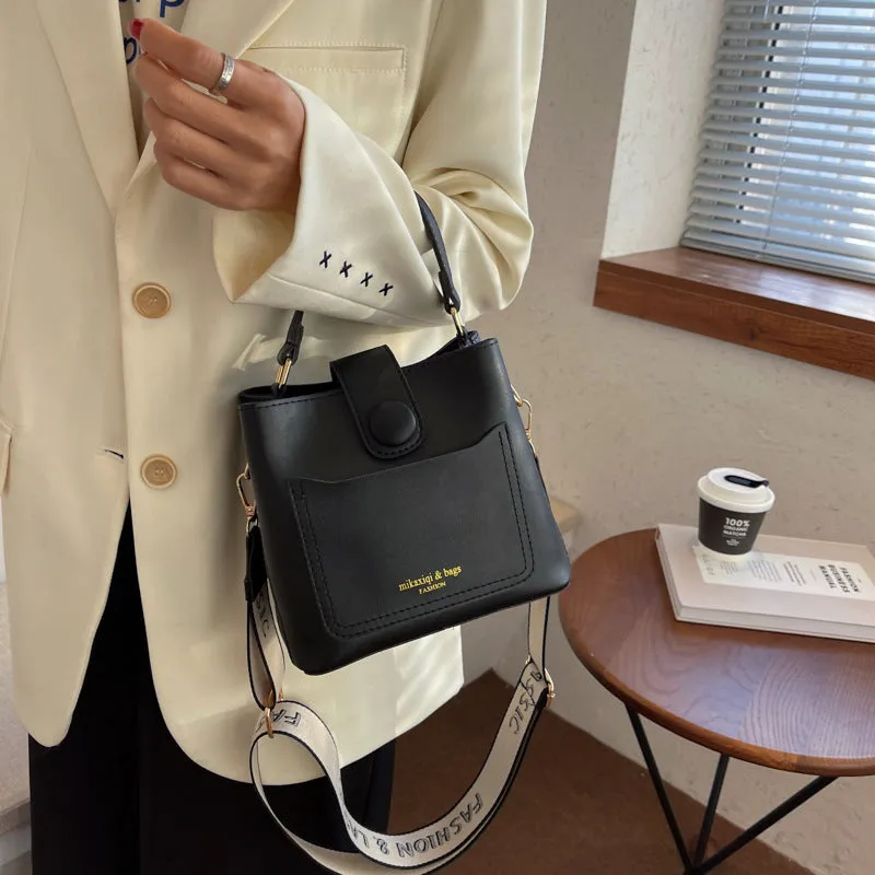 Women's PU leather crossbody bucket bag with stitching detail, urban simplicity style, available in khaki