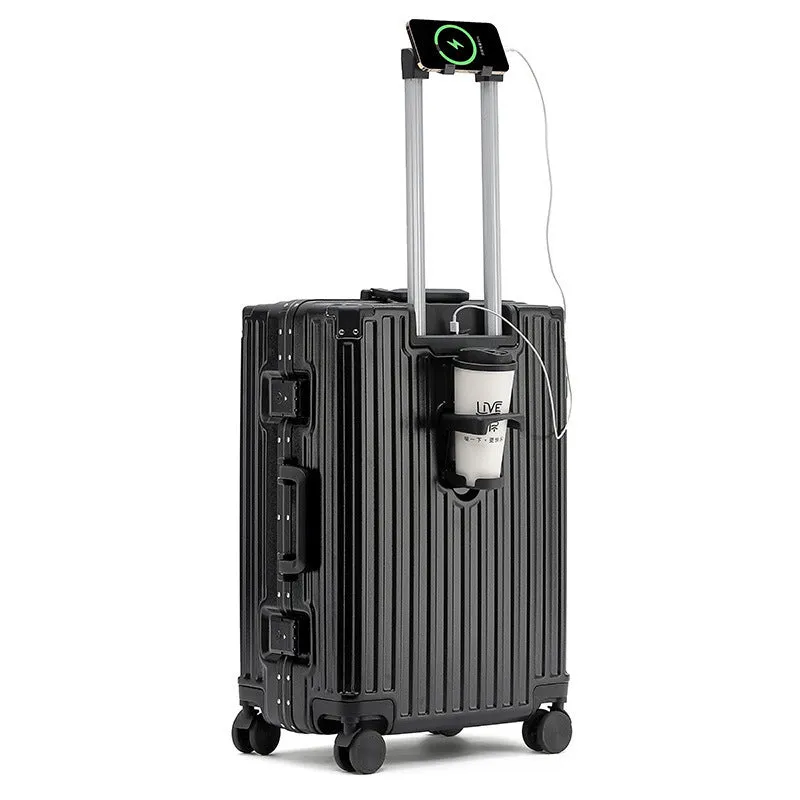 Hard-shell aluminium frame suitcase in ABS PC with universal wheels and USB port in avocado green colour.