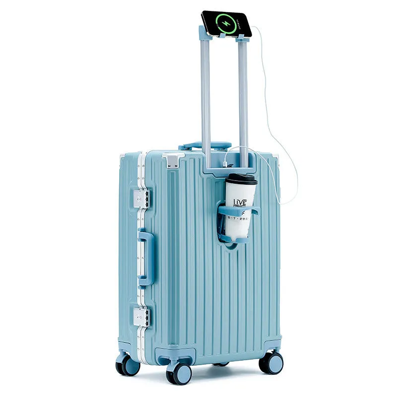 Hard-shell aluminium frame suitcase in ABS PC with universal wheels and USB port in avocado green colour.