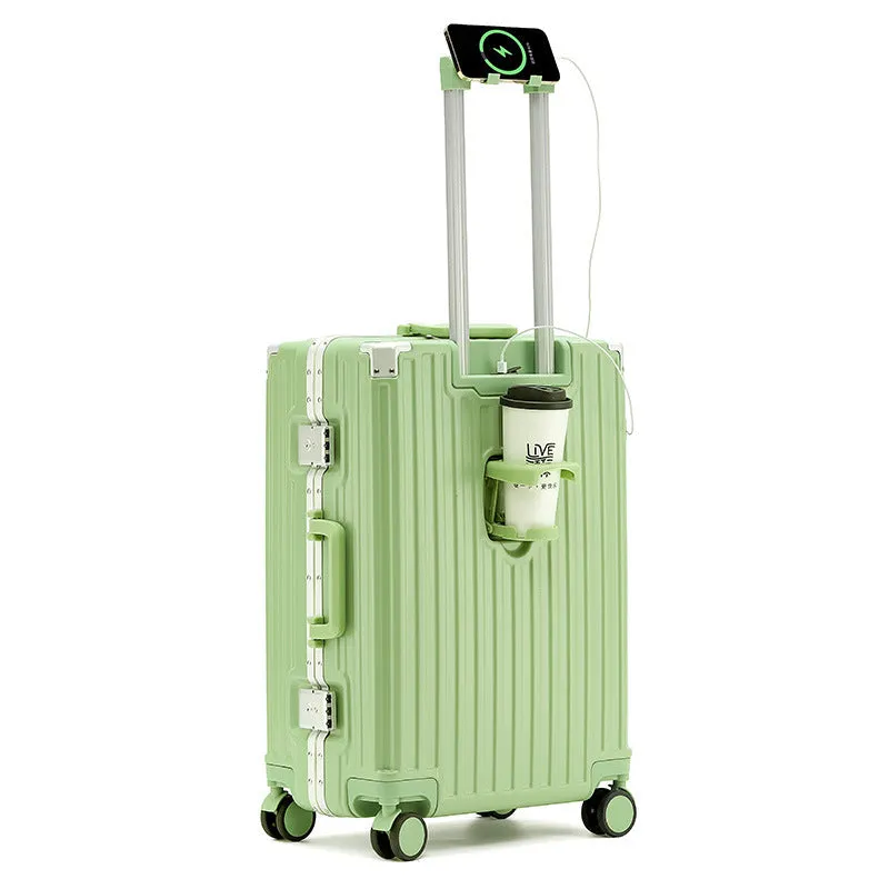 Hard-shell aluminium frame suitcase in ABS PC with universal wheels and USB port in avocado green colour.