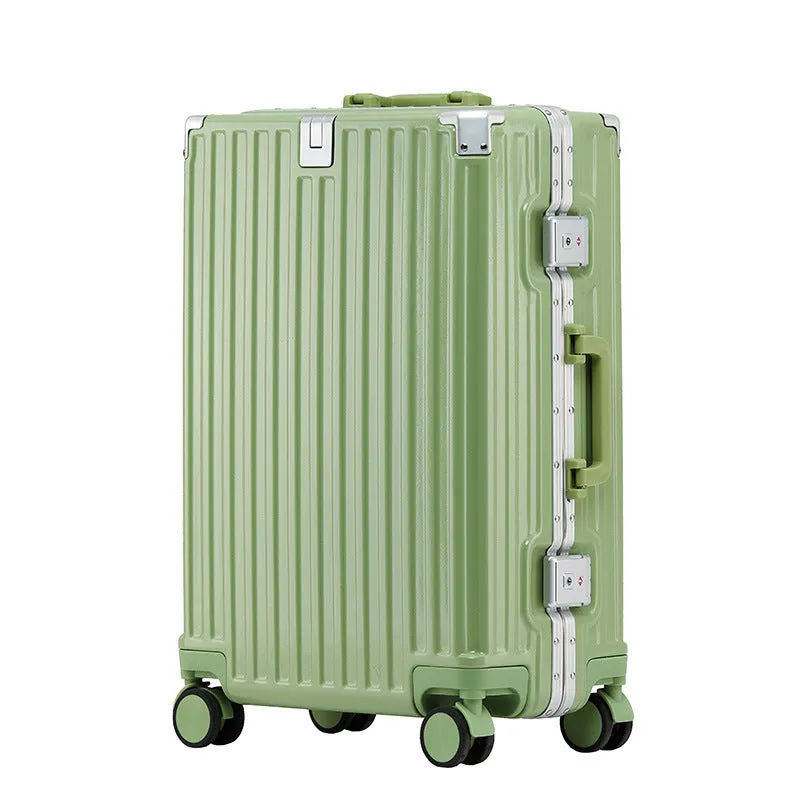Hard-shell aluminium frame suitcase in ABS PC with universal wheels and USB port in avocado green colour.