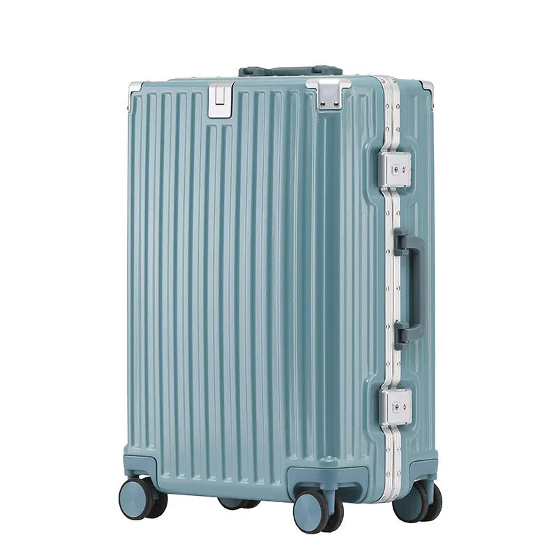Hard-shell aluminium frame suitcase in ABS PC with universal wheels and USB port in avocado green colour.