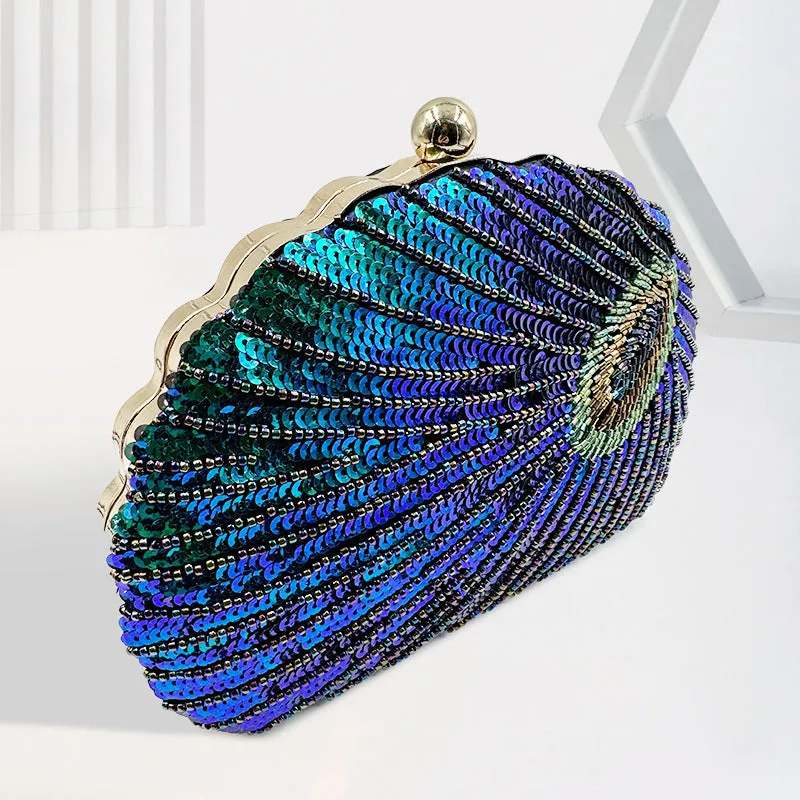 Women's vintage beaded one-shoulder crossbody chain handbag with hard shell and silk surface in black