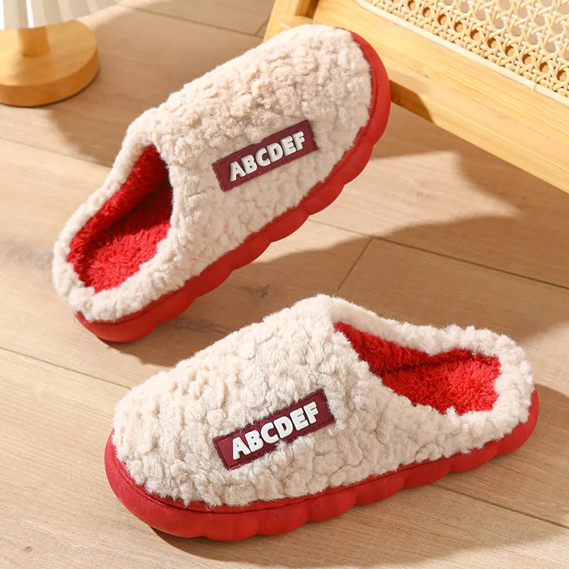 New Letter indoor non-slip thick-soled fur slippers in beige, plush upper, round toe, PVC sole, flat heel