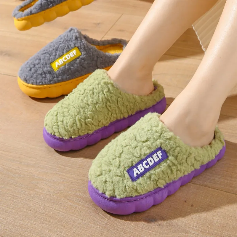 New Letter indoor non-slip thick-soled fur slippers in beige, plush upper, round toe, PVC sole, flat heel