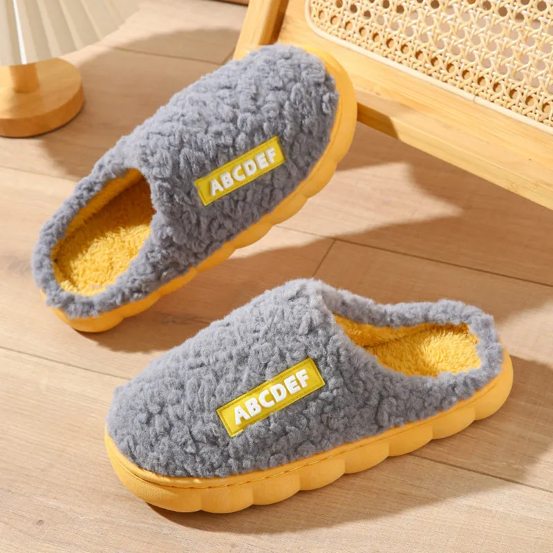 New Letter indoor non-slip thick-soled fur slippers in beige, plush upper, round toe, PVC sole, flat heel