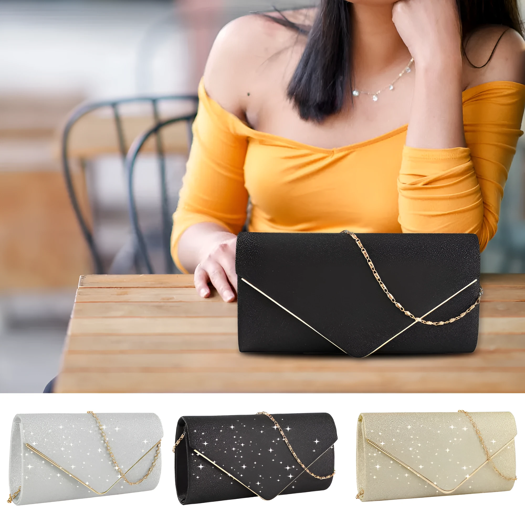 Fabric texture lady handbag in gold/silver/black, 23x12x5 cm compact size