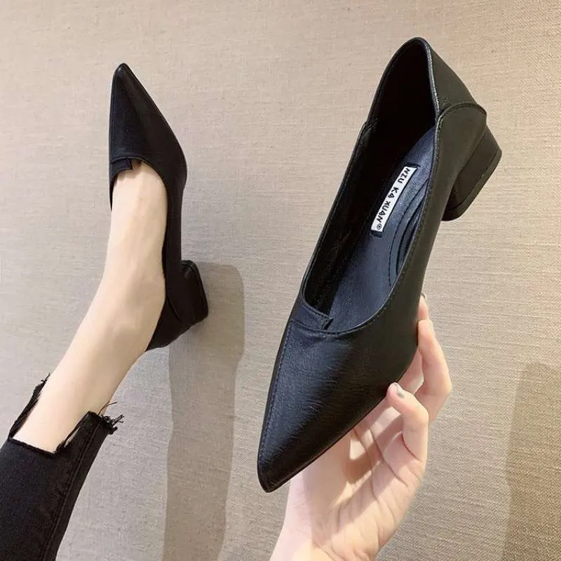 Apricot women's pointed toe chunky heel work shoes with 5cm heel on a white background