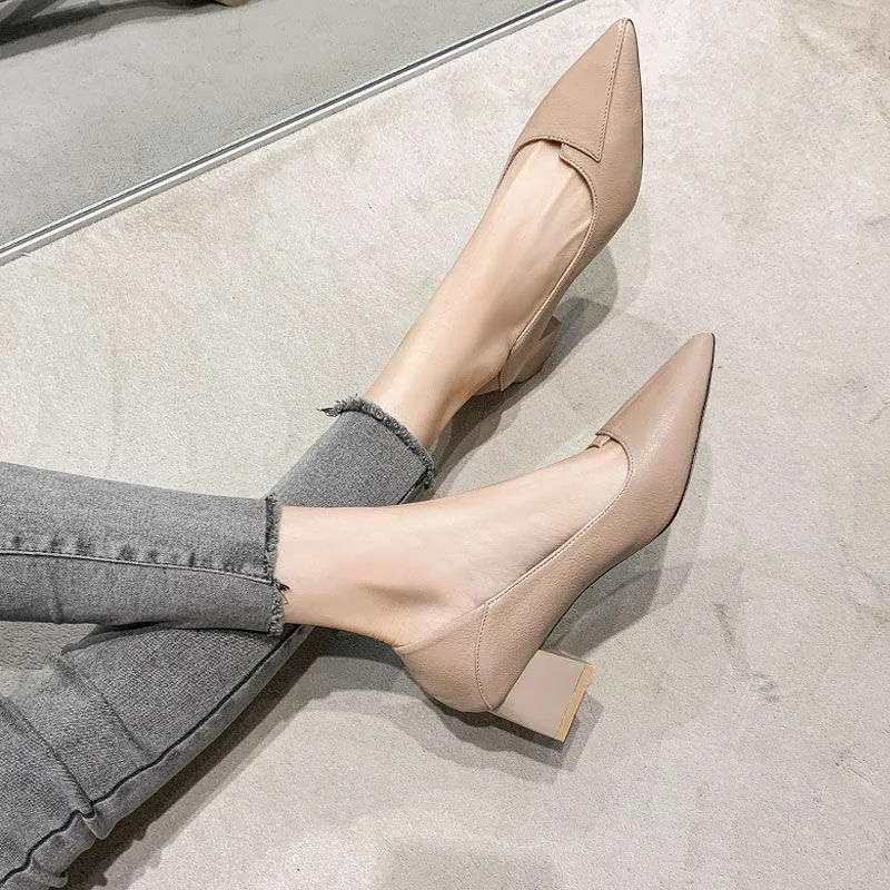 Apricot women's pointed toe chunky heel work shoes with 5cm heel on a white background