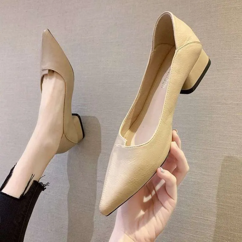 Apricot women's pointed toe chunky heel work shoes with 5cm heel on a white background