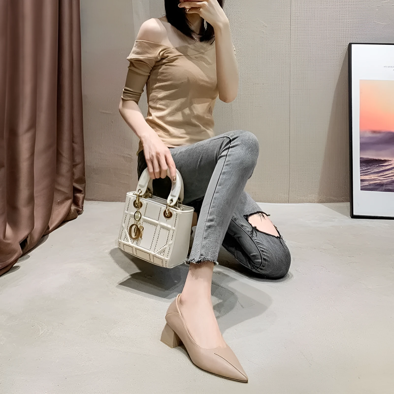 Apricot women's pointed toe chunky heel work shoes with 5cm heel on a white background