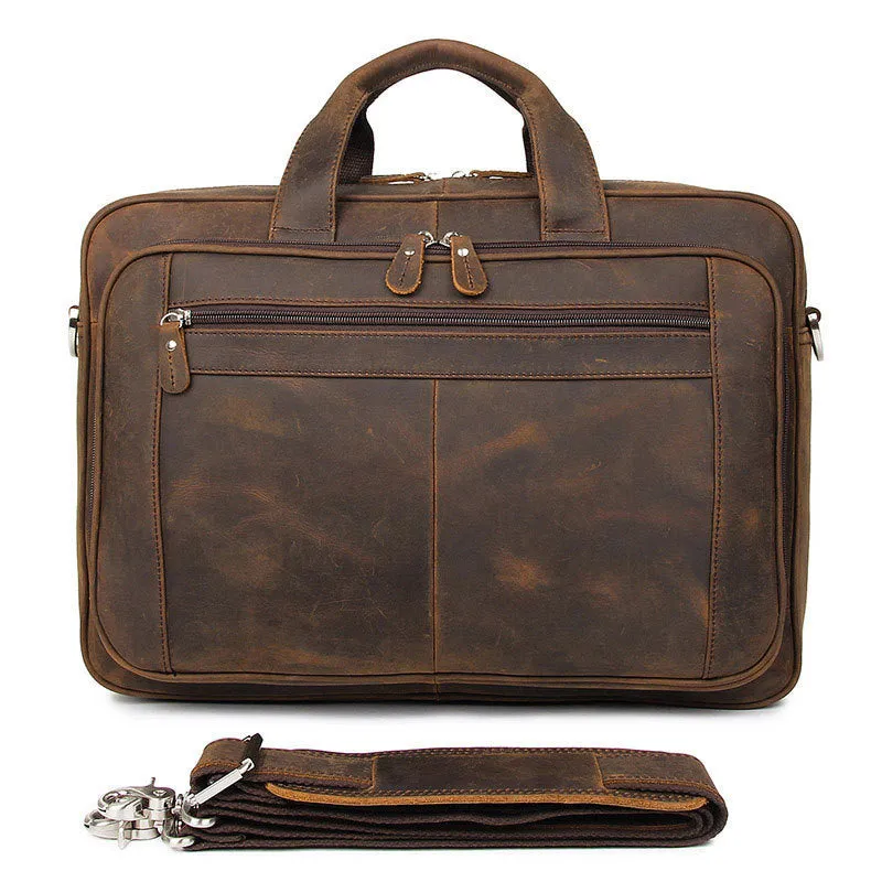 Men's dark brown Crazy Horse leather laptop bag with double handles and zip closure on a neutral background