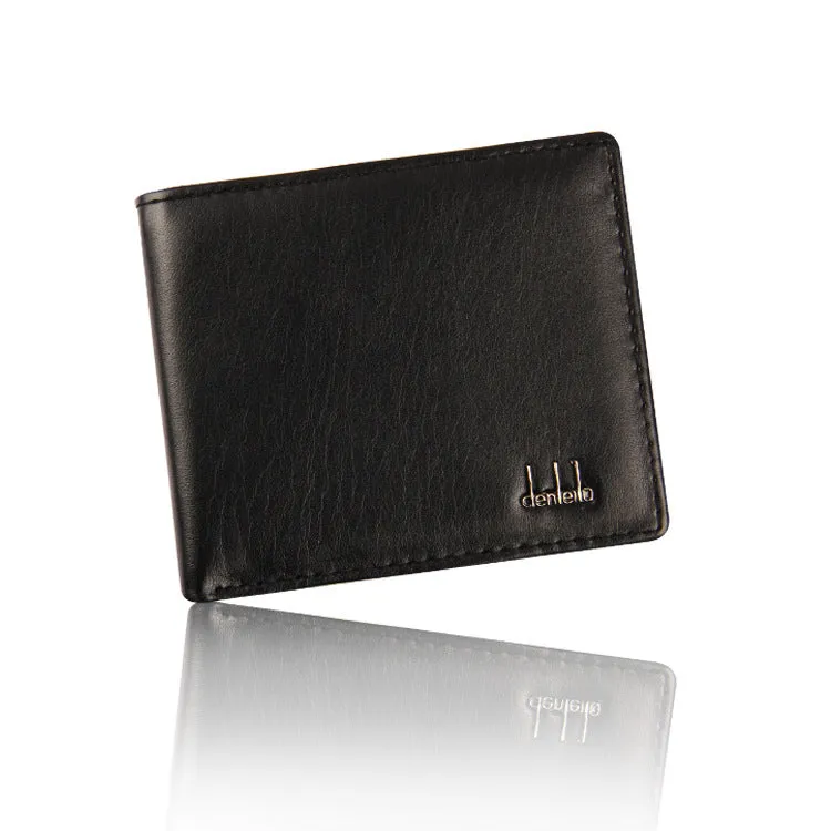 Short PU leather trifold wallet for men in brown, 11.5cm long, with card slots and note pocket