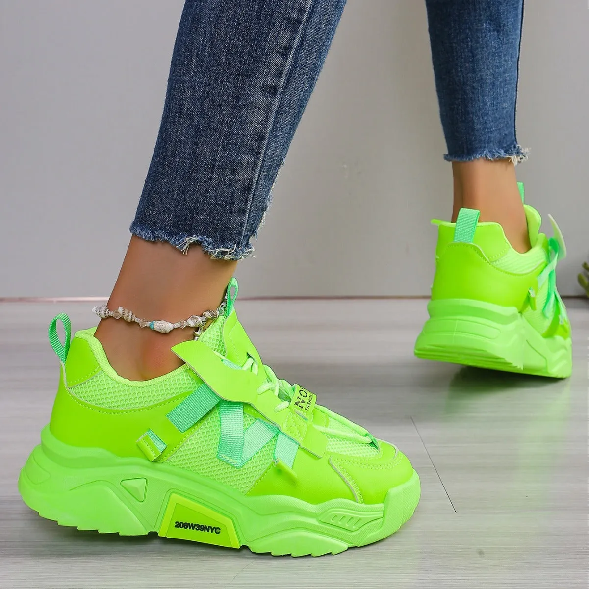 Women's platform mesh dad shoes in purple, green, white, pink, or yellow with front lace-up fastening