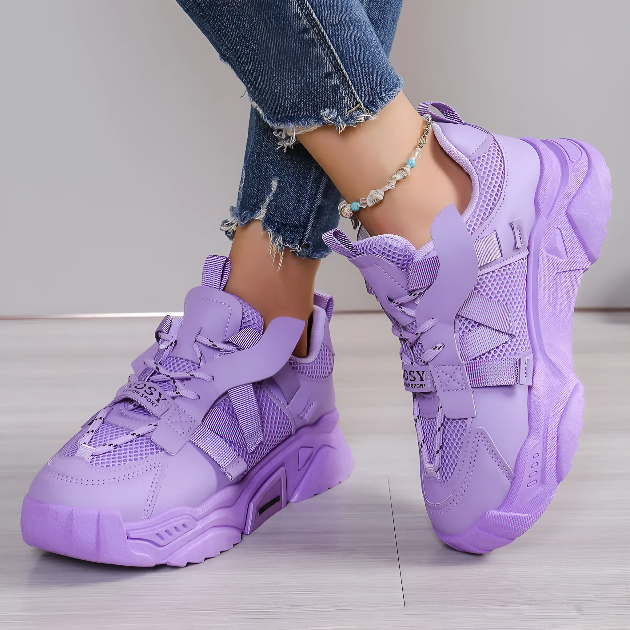 Women's platform mesh dad shoes in purple, green, white, pink, or yellow with front lace-up fastening
