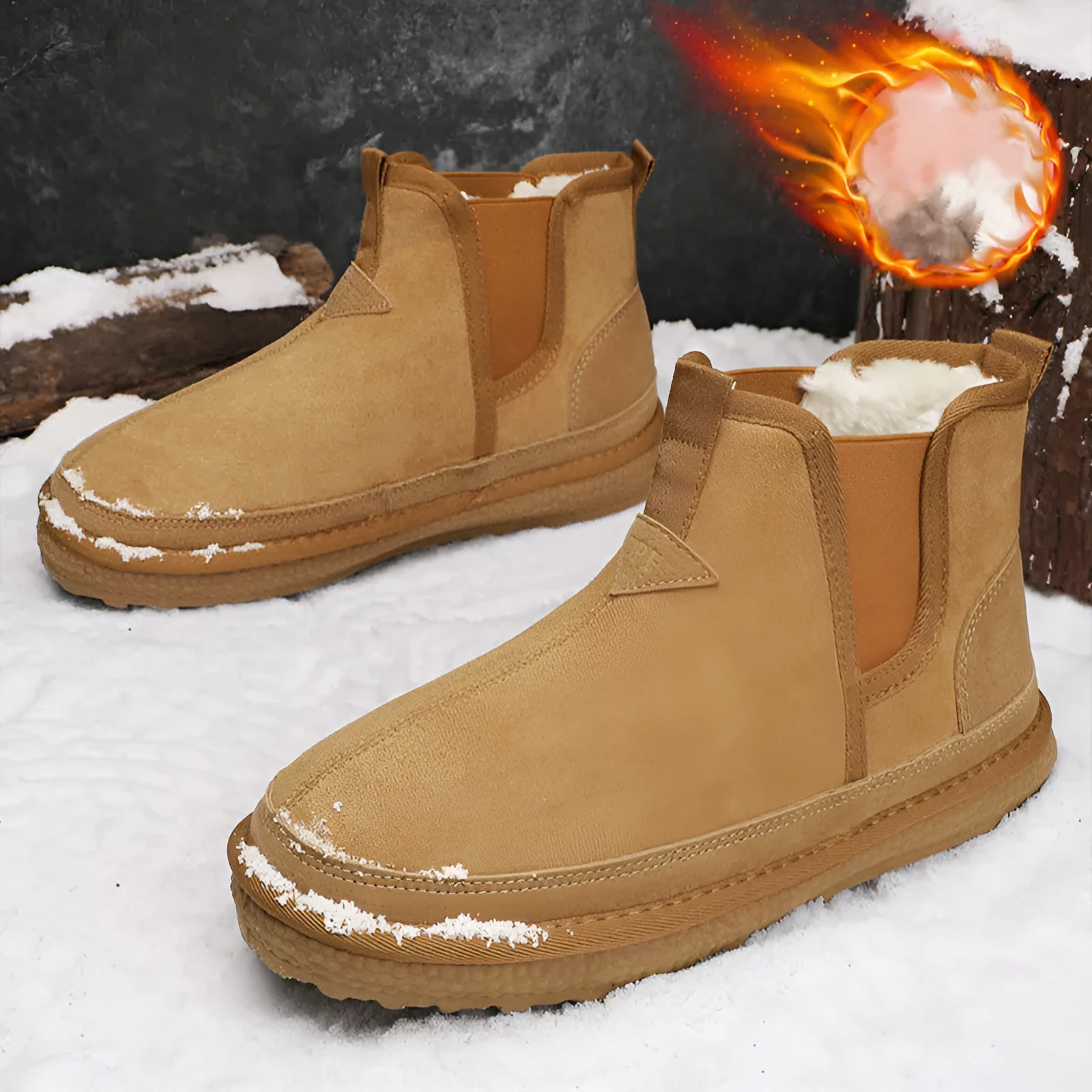 Winter fleece snow boots men ankle boot round-toe black artificial PU PVC outsole casual warm