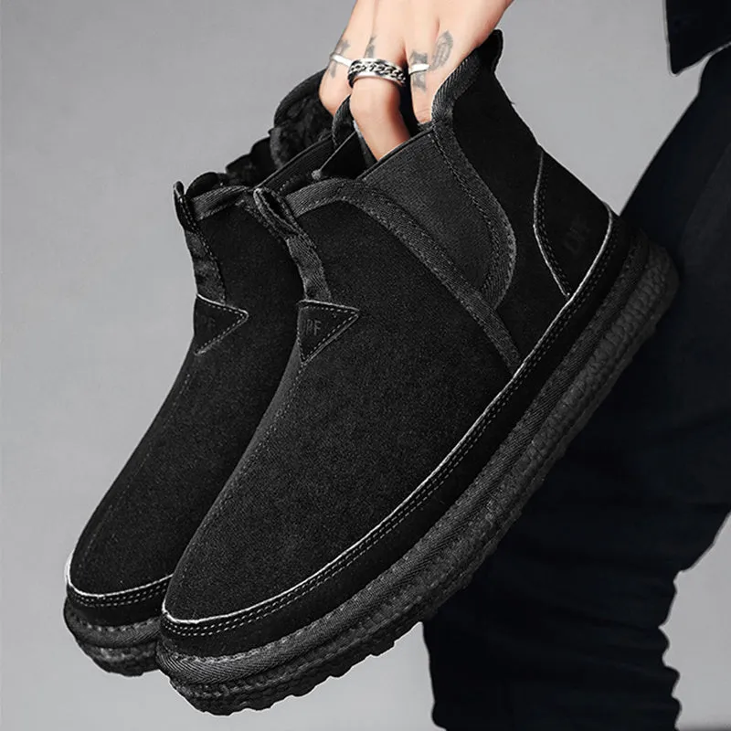 Winter fleece snow boots men ankle boot round-toe black artificial PU PVC outsole casual warm