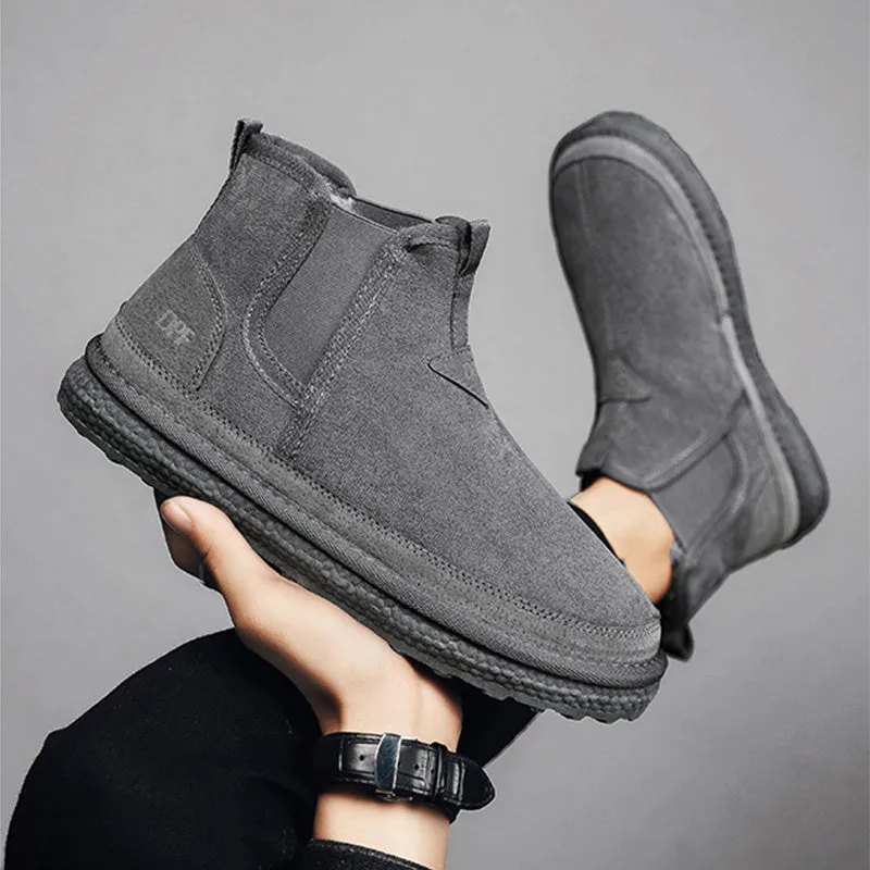 Winter fleece snow boots men ankle boot round-toe black artificial PU PVC outsole casual warm