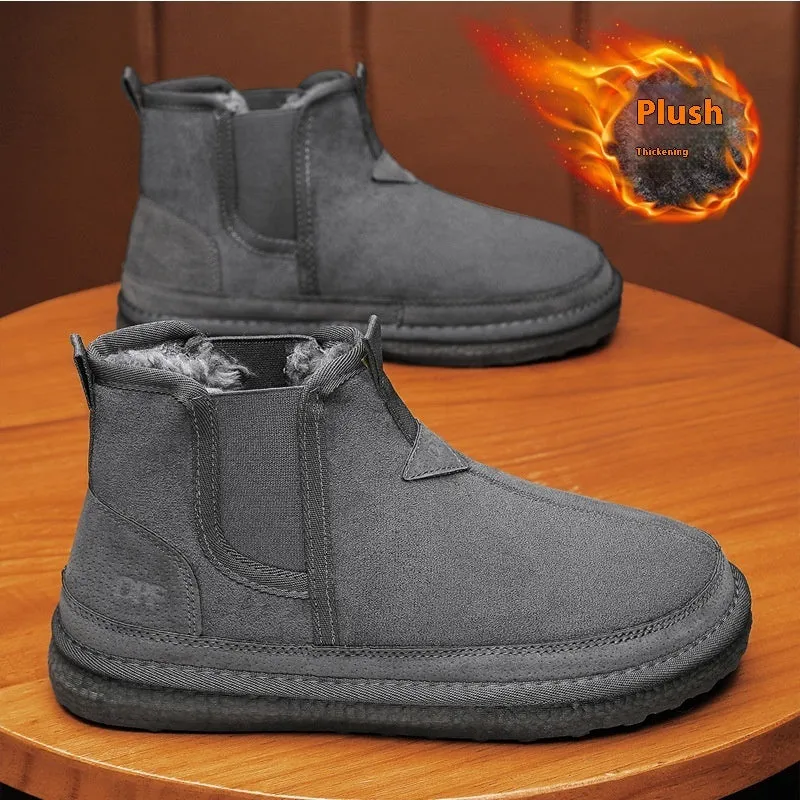 Winter fleece snow boots men ankle boot round-toe black artificial PU PVC outsole casual warm