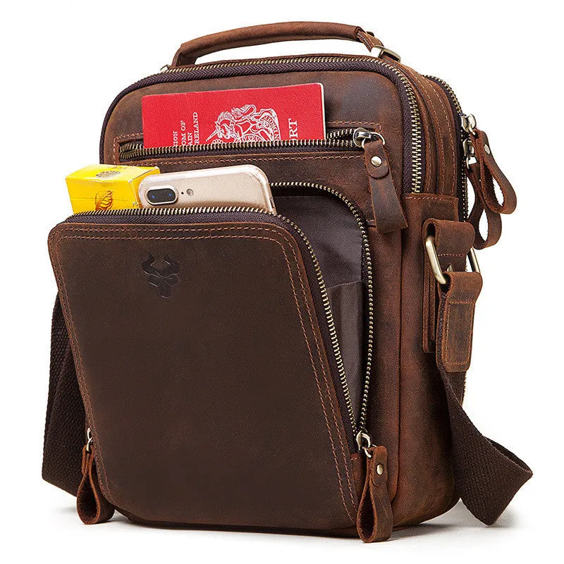Men's brown Crazy Horse leather crossbody bag with sewing line details and shoulder strap