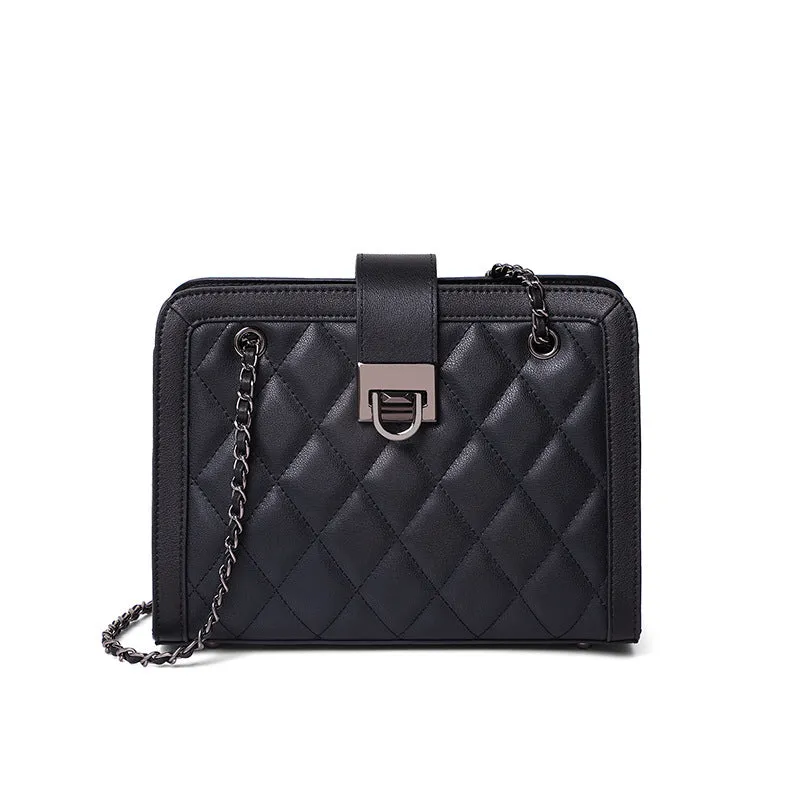 Women's black genuine leather chain crossbody square bag, soft underarm handbag on model